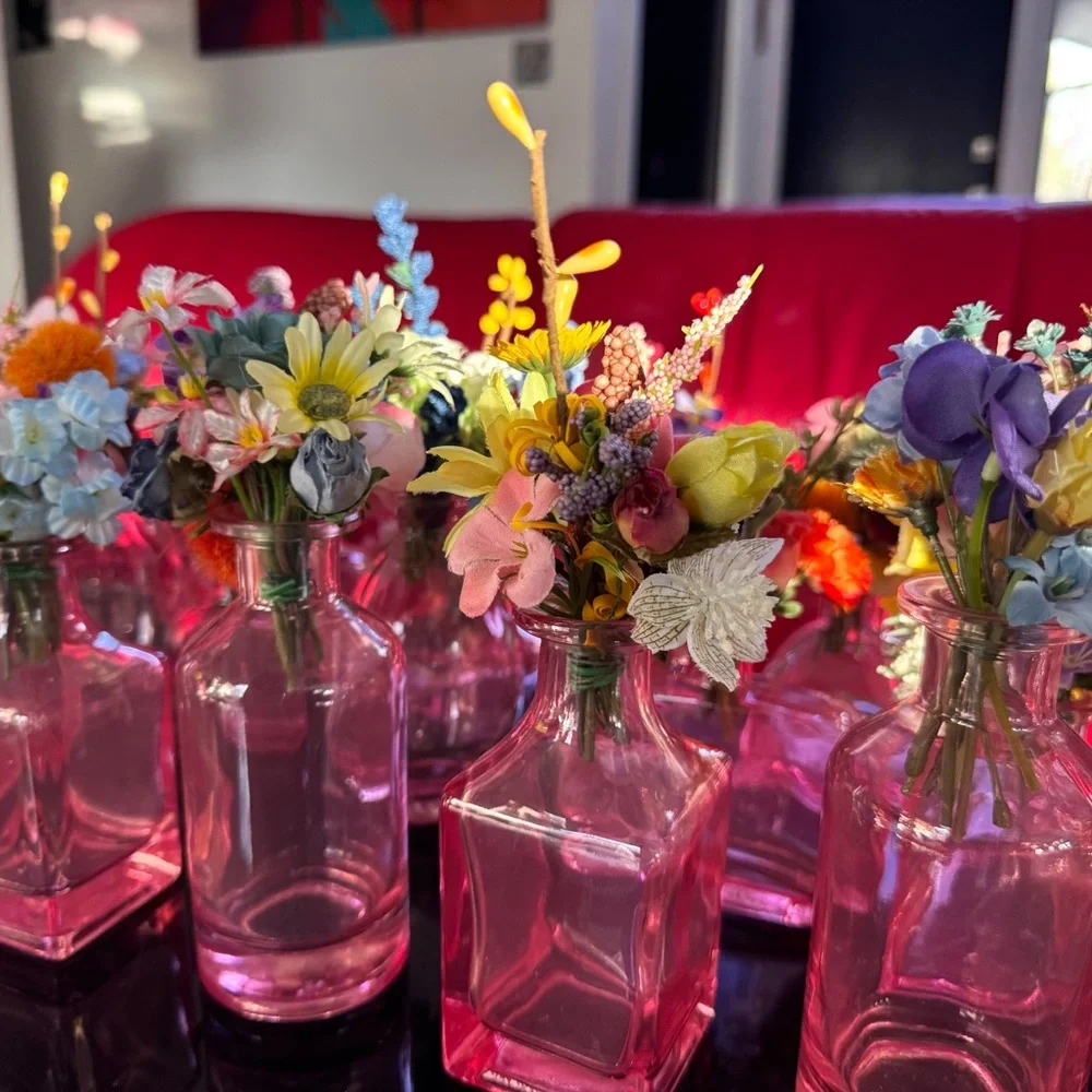 Lot Of 24 Custom Wedding Pink Glass Bud Vases Bundle One-Of-A-Kind With Flowers